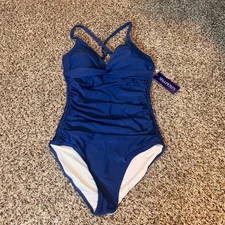 Shaperin Blue Ruched Criss Cross One Piece Swimsuit