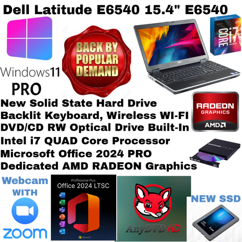 Dell E6540_WIN11💥New 1TB SSD💻i7 QUAD/AMD💻BACKLIT_DVD/CD/Cam💻Office 2024 ...
