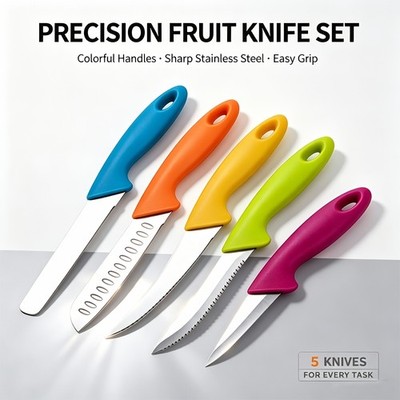 Color coded 5-piece set of kitchen knives with sharp stainless steel blades
