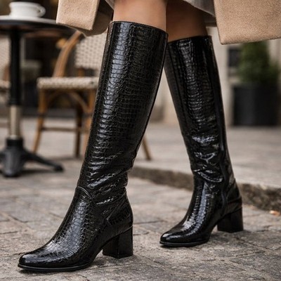 DAMEN KUNSTLEDER KROKO REISSVERSCHLUSS KNIEHOCH REITEN MODE BIKER MITTELHOHER ABSATZ STIEFEL GRÖSSE