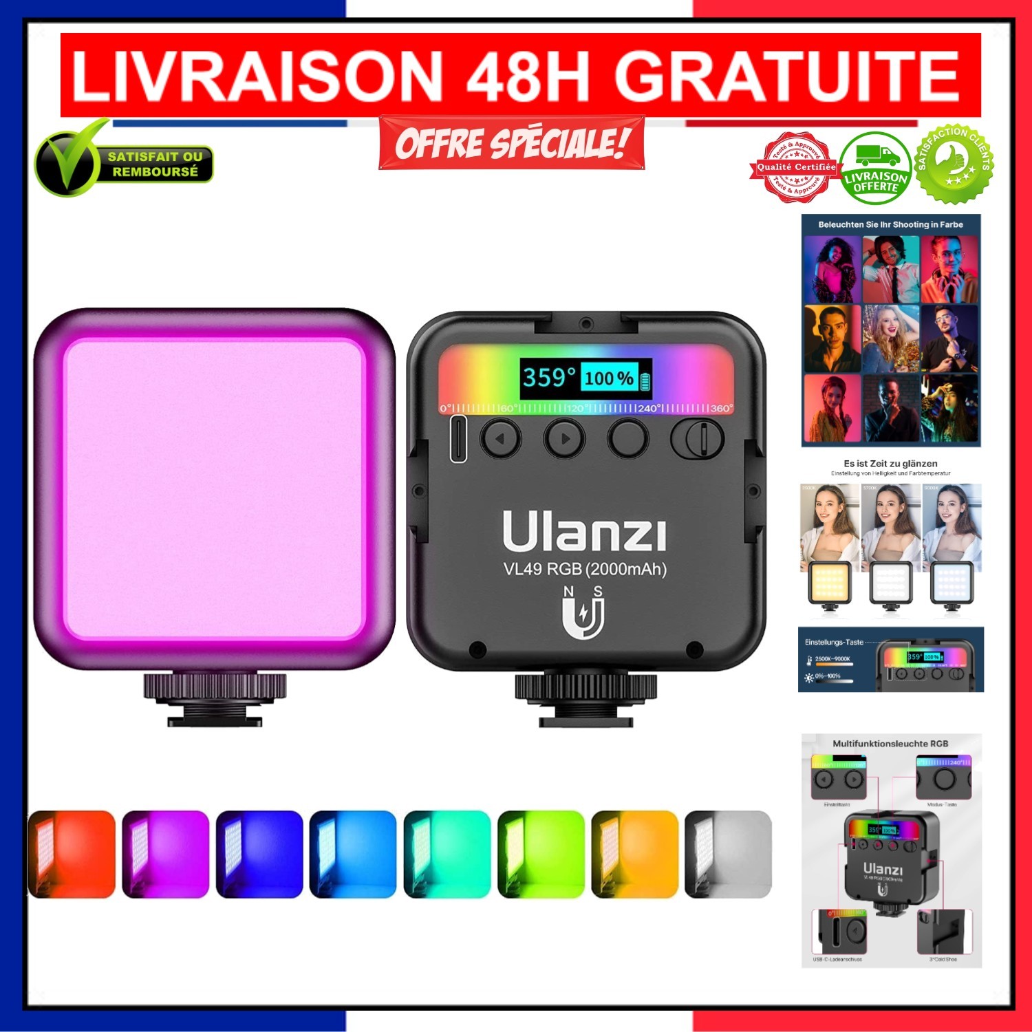 Eclairage RGB ULANZI VL49 à fixation magnétique et autonomie longue durée pour vidéo