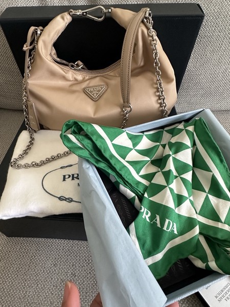 PRADA Re-Edition 2006 Beige Nylon Mini Bag Chain Strap w Prada Triangular Scarf