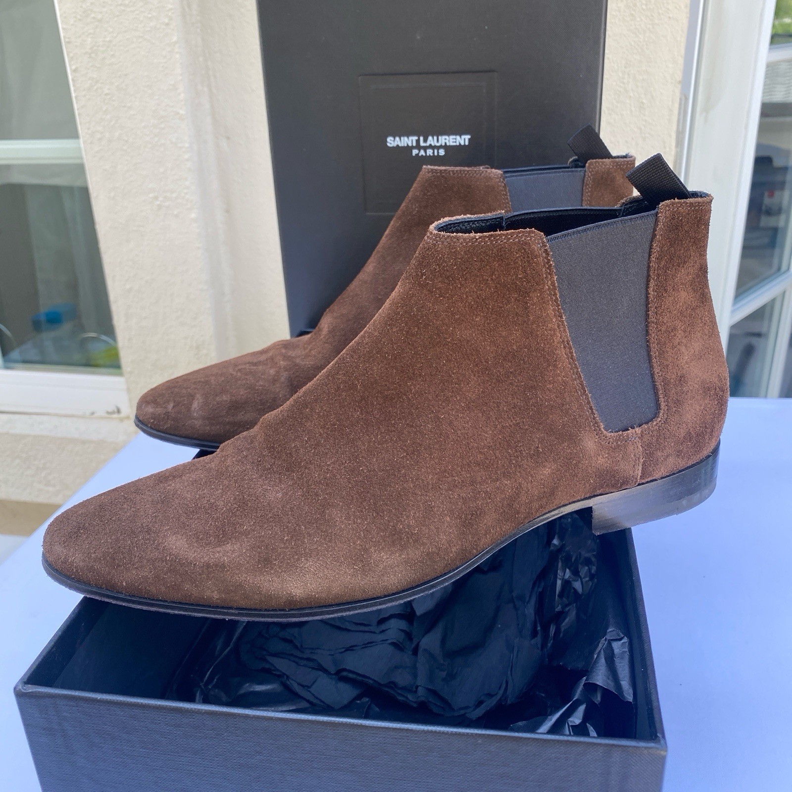 Stivali Chelsea Saint Laurent Paris scamosciati marroni London Hedi Slimane taglia 40