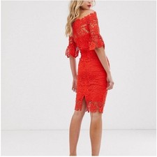 Paper Dolls | Women’s Red Crochet Lace Bardot Dress Off Shoulder Party Cocktail