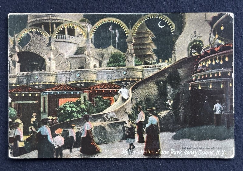 Helter-Skelter At Night Luna Park Coney Island, New York Vintage Postcard c1907