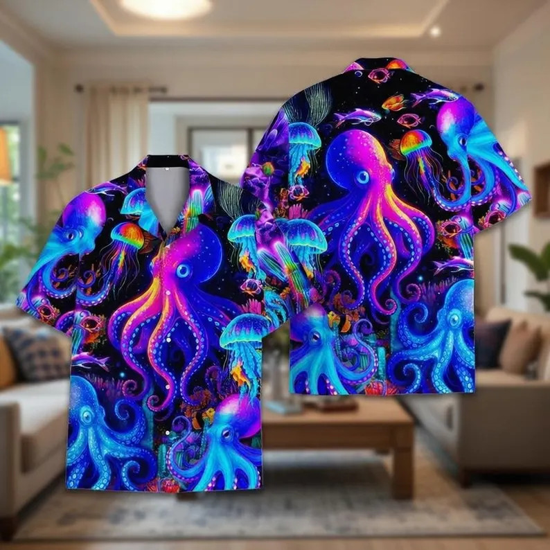 Psychedelic Octopus Jellyfish Hawaii Shirt Mens Womens Beach Aloha Top