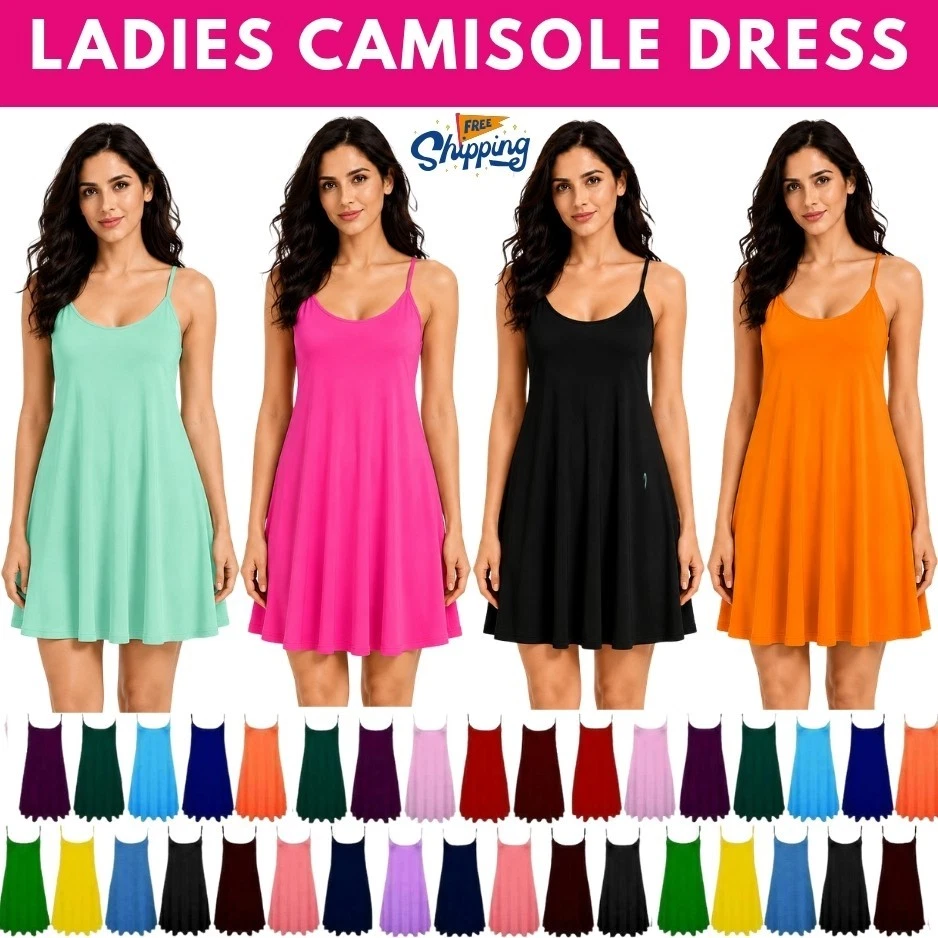 New Ladies Camisole Cami Flared Skater Mini Dress