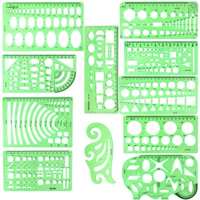 11PCS Geometric Drawings Templates Drafting Stencils Measuring Tools