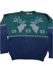 Vintage EDDIE BAUER Reindeer Snowflake Shetland Wool Sweater 90s Blue Green XL