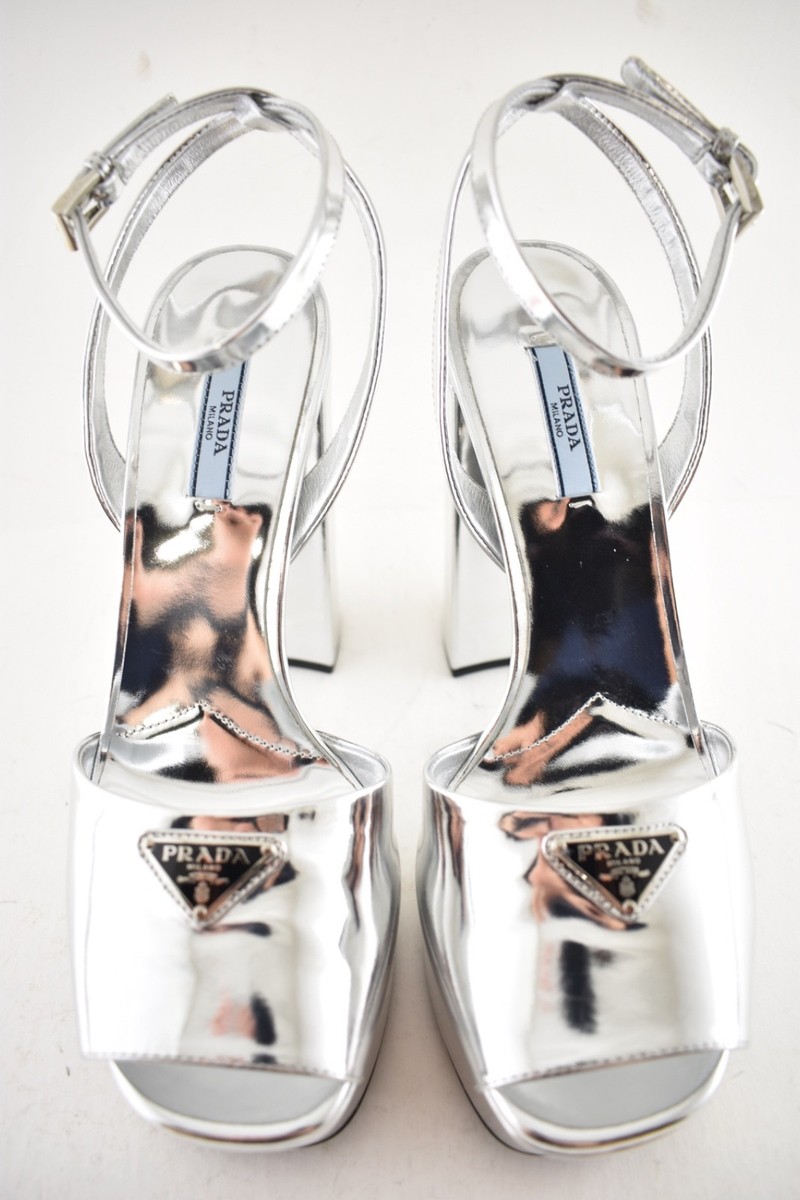 Prada 135mm Metallic Silver Logo Platform Sandal Ankle Strap Block