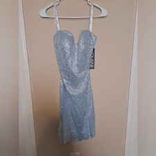 Jovani 07666 Sequin Spaghetti Strap Short Dress Light Blue. Tie up back.