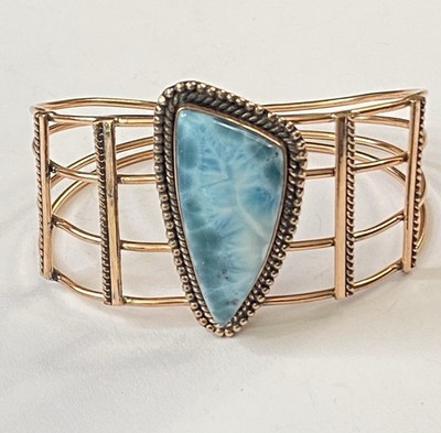 Larimar Kupfer Armreif Armband Handwerk Stil Blau Karibik Stein Verstellbar ��