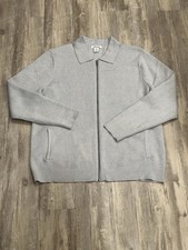 THOM AARON Men  s Textured Stitch Full Zip Sweater Polo Collar Light Gray Sz XL