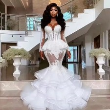 Elegant Lace Mermaid Wedding Dress with Beaded Details and Full Sleeves Gowns