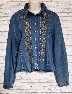 Vintage Sun River Women M Floral Embroidered Western Denim Jacket Cropped Top