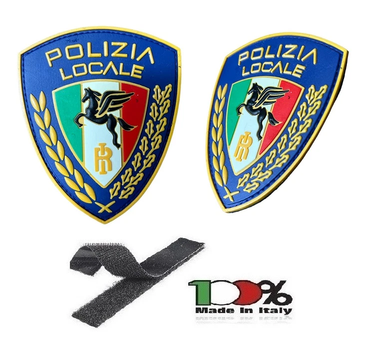 Patch Toppa 3D Pegaso Polizia Locale Gommata 3D con Strip Grande cm 9x7.50