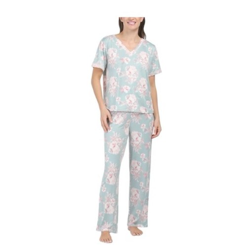 Flora Nikrooz Womens Green Floral V Neck Short Sleeve Soft Pajamas Sets Sz M NEW