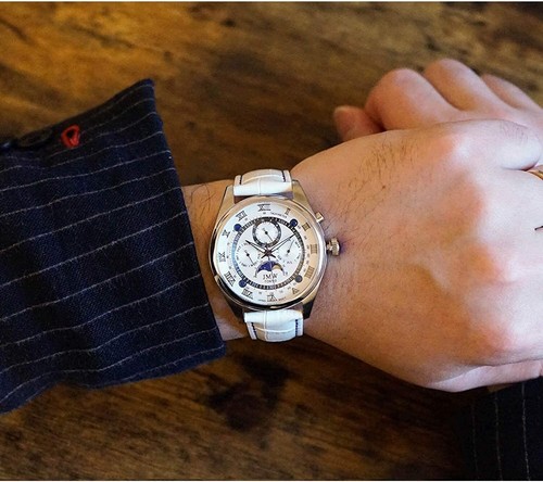 JMW TOKIO Herren Unikat Uhr Mondphase Japan Uhrwerk Individuell Weiß & Silber - Bild 3 von 3