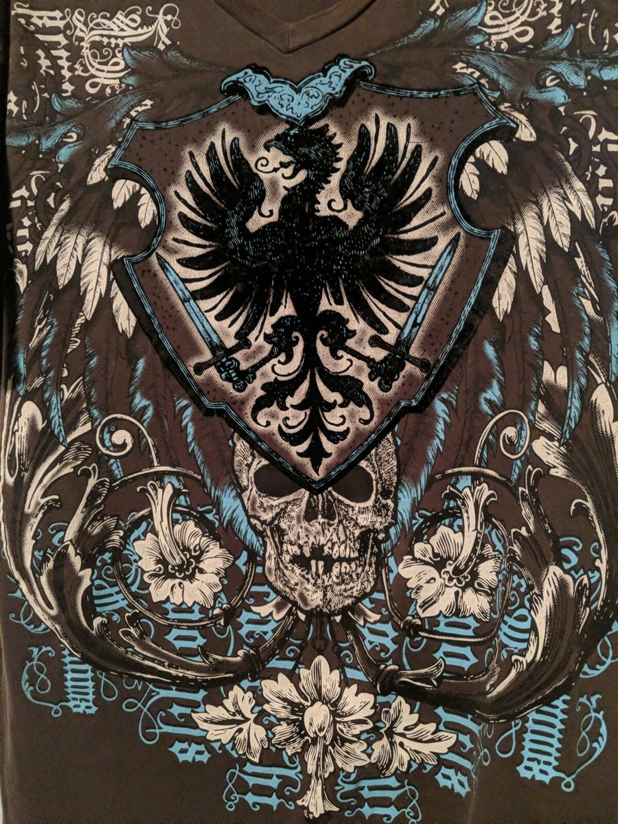 POINT ZERO Men's Grey Neck Short Sleeve Grunge Velvet Eagle POINT ZERO Men's Grey Neck Short Sleeve Grunge Velvet Eagle