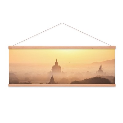 Stoffbild Kakemono mit Posterleisten Asien Landschaft Tempel Sonnenaufgang Gelb