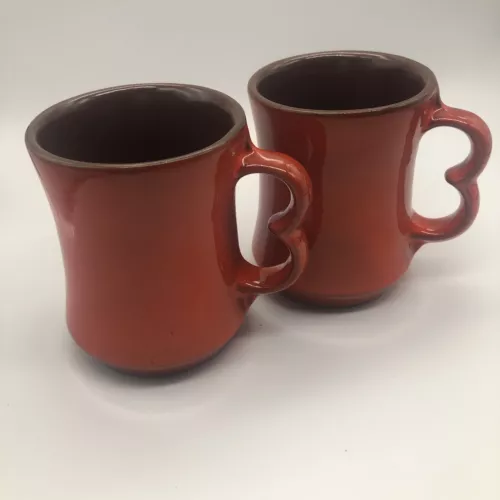 Vntg Frankoma C9 Pottery Coffee Cup Mug Flame Orange Red Double Trigger Finger