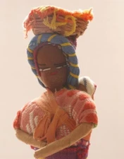 Vintage Primitive Ethnic Folk Art Doll 9in Fabric Paper Wrap Over Wire Arms Legs