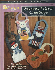 USED 4 SEASONAL DOOR GREETINGS PUMPKINS SNOWMAN PLASTIC CANVAS PATTERN LEAFLET