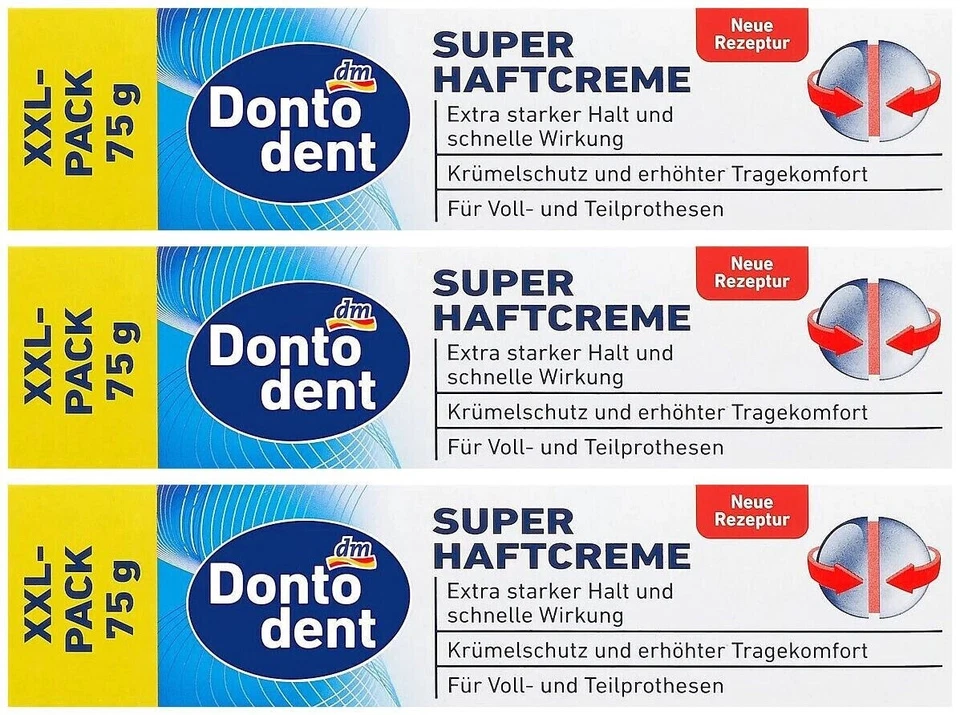 ✅ Dontodent Haftcreme Extra Stark mit frischem Geschmack ganztägiger Halt 3x75g✅