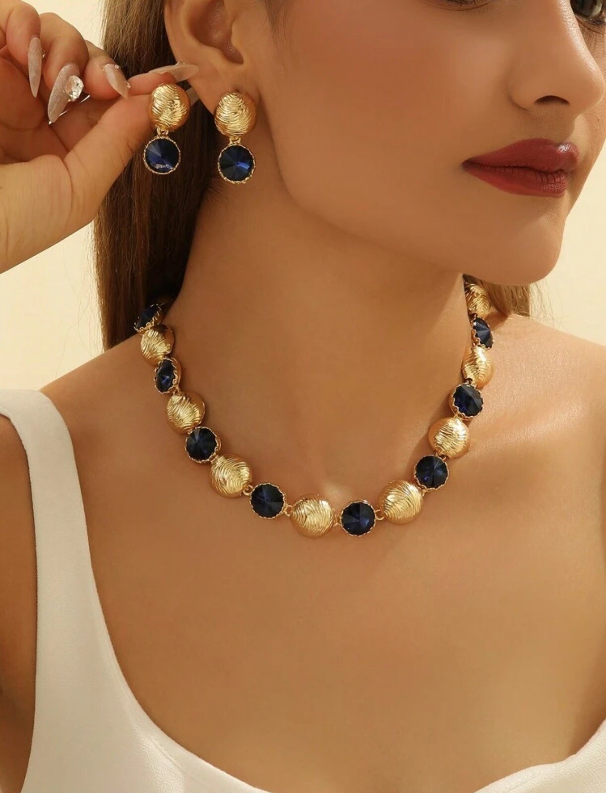 Orecchini e collana vintage modello onda rotonda cristallo blu navy set gioielli