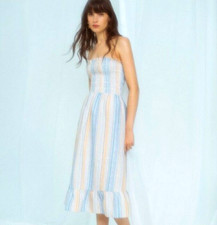 REFORMATION Size M Marbella Stripe Strapless Bermuda Smocked Midi Linen Dress