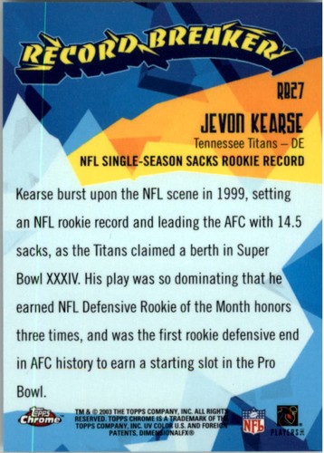 2003 Topps Chrome Record Breakers #RB27 Jevon Kearse - NM-MT - Picture 2 of 2