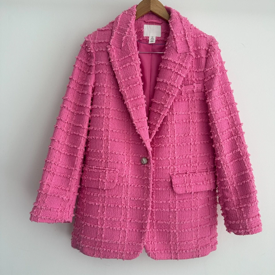 Chaqueta de tweed H&M para mujer pequeña rosa tejido texturizado boucle de gran tamaño dinero fuerte Foto 2 de 4
