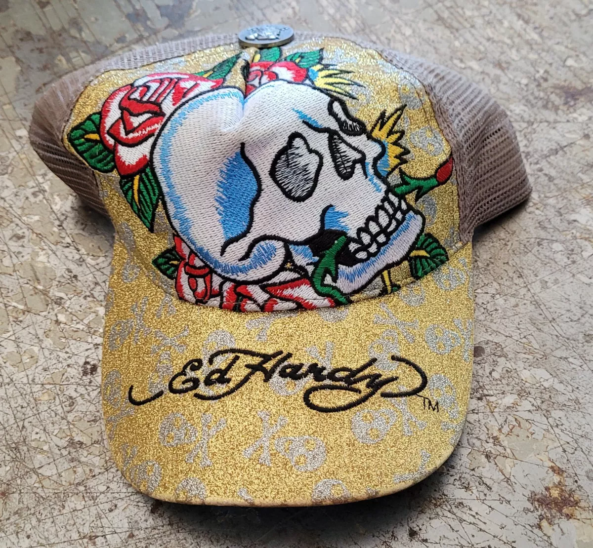 ED HARDY Snapback TATTOO WEAR Trucker Hat Gold Glitter Skull Mesh Cap