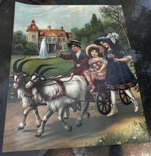 Antique 1900s German Chromolithograph Print The Outing Children Goat Cart Manor