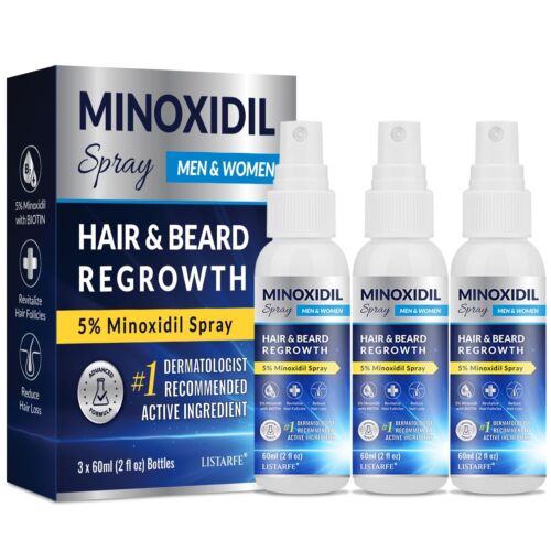5% Minoxidil Spray for Thicker Fuller Hair & Beard Growth - Men & Women - 3PCS