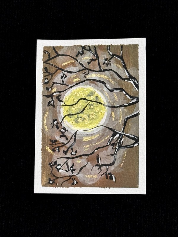 ACEO Art - Full Moon, Dark Forest, Gothic Landscape - Acrylic 2.5x3.5 by M.A.R