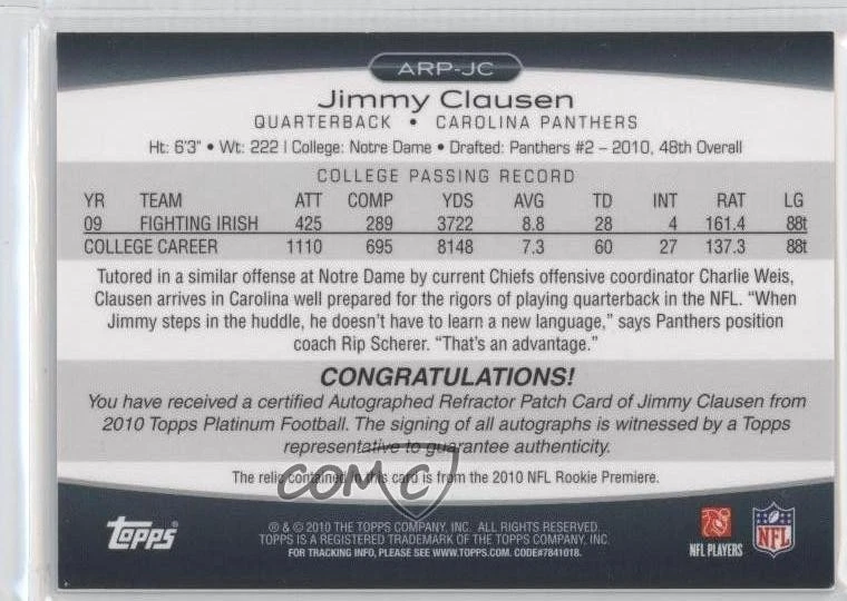 2010 Topps Platinum Refractor /200 Jimmy Clausen RPA Rookie Patch Auto RC - Image 2 of 2