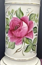 Vintage Ceramic Hand Painted Rose Lamp Brass Base Artist Signed Works Great