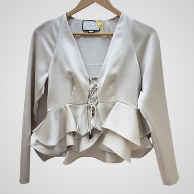 ALEXIS Top Womens S Beige Peplum Ruffle Long Sleeve Lace Up Blouse Luxury Classy