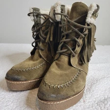 Sam Edelman Sz 10 Boho Retro Green Suede Fringe Stud Sherpa Cottagecore Booties