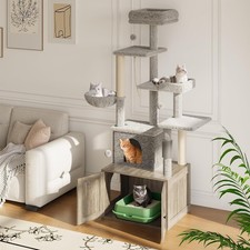Litter Box Enclosure with Cat Tree, 2-in-1 Condo with Hammock  Scratching Post