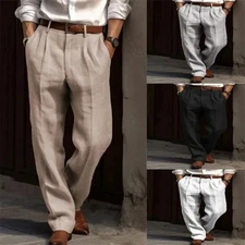 Men's Linen Pants Double Pleated Front Pockets Straight Tube Solid Trousers MLXL