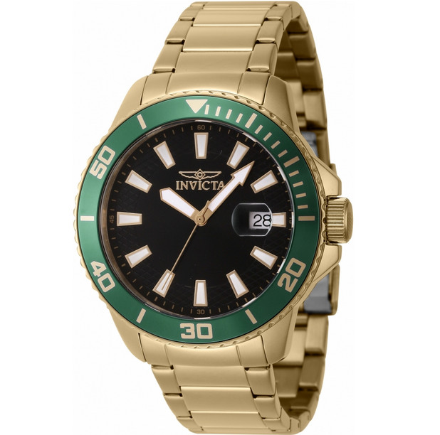 Invicta Pro Diver 46067 Men's Gold Tone Green Bezel Date Round Analog Watch