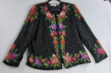 Laurence Kazar Silk Jacket Vtg 80’s Sequin Beaded Floral Holiday Party Sz XL