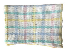 Vtg Pastel Plaid Baby Blanket Cotton knit Waffle Weave Blue Green Pink 40 x 29"