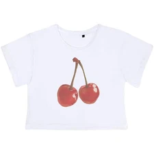 'Two cherries' Women's Cotton Crop Tops (CO057660)