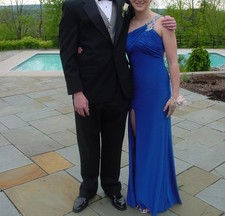 Evening/prom gown, royal blue with sequined side strap, sleeveless and backless
