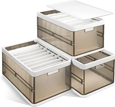 3 Pack Foldable Storage Bins with Lids Stackable Closet Organizer Dark Brown