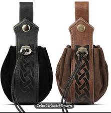 2x BROWN & BLACK Viking Drawstring Pouch Synthetic Leather  Belt Coin  Purse
