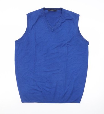 James Pringle Herren Blau Wolle Ärmellos V-Ausschnitt Weste Pullover Gr. M